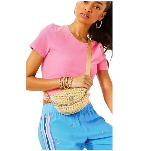 Lilly Pulitzer Cropped Top Minnie Knit Ribbed Confetti Pink Metalic Size Large - Picture 1 of 10
